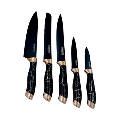 Conjunto 5 Facas Estilo Mármore Suporte Cozinha Utensílios legância e Precisão - Cor:Branco