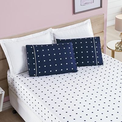 Jogo de Cama Lençol Celine Casal Padrão 03 Peças Micropercal 200 Fios Bolinhas - Azul Marinho