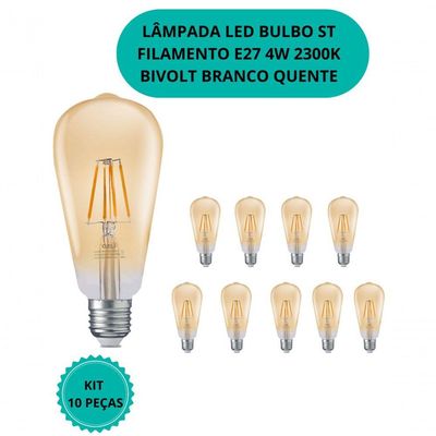 Kit C/ 10 Lâmpadas Filamento Led 4w (formato Pera St) 2300k E27 Bivolt