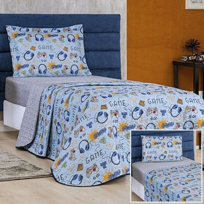 Kit Colcha + Jogo de Cama Bouti Kids Solteiro Infantil 5 Peças 100% Poliéster - Game