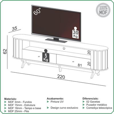 Rack Para Sala de Estar TV 60 Pol Orgânico 220cm Penina D03 Freijó Preto Fosco - Lyam Decor