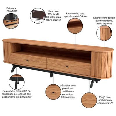 Rack Para Sala de Estar TV 60 Pol Orgânico 220cm Penina D03 Freijó Preto Fosco - Lyam Decor