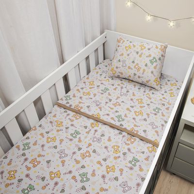 Jogo de Lençol KazzaVip Baby Malha 100% Algodão Berço Americano Estampado Ursinho Feliz Com Elástico 2 Peças Bege