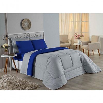 Edredom Queen Nobre 1 Peça Dupla Face 2,20m X 2,40m Malha 100% Algodão - Cinza / Royal