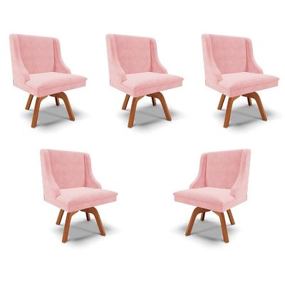 Kit 5 Cadeiras Decorativas Sala de Jantar Base Giratória de Madeira Firenze Suede Rosa Bebê/Natural G19 - Gran Belo
