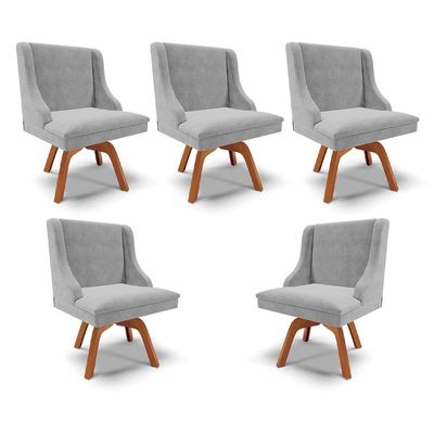 Kit 5 Cadeiras Decorativas Sala de Jantar Base Giratória de Madeira Firenze Suede Cinza/Natural G19 - Gran Belo