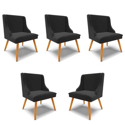 Kit 5 Cadeiras Decorativas Sala de Jantar Pés Palito de Madeira Firenze Veludo Preto/Natural G19 - Gran Belo