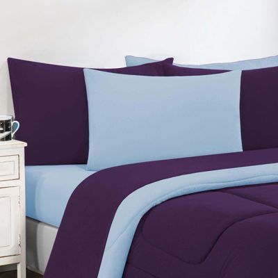 Kit Edredom + Jogo De Lençol Malha 100% Algodão Gran Moratta 7 Peças Queen - Roxo /Azul Bebê