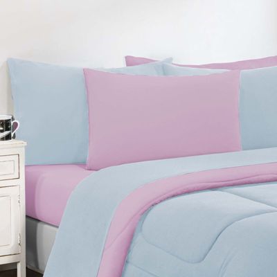 Kit Edredom + Jogo De Lençol Malha 100% Algodão Gran Moratta 6 Peças Queen - Azul Bebê/Rosa Bebê
