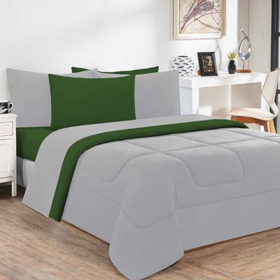 Kit Edredom Malha 100% Algodão Gran Moratta 3 Peças Queen - Cinza/Verde Bandeira