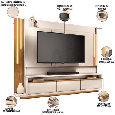 Estante Painel para TV 75 Pol com LED Mound B01 Off White Cinamomo - Lyam Decor