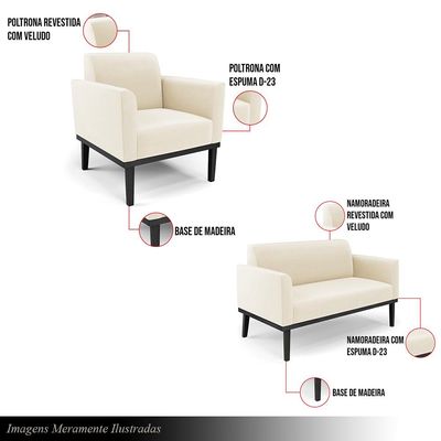 Conjunto 2 Poltronas e 1 Namoradeira Decorativa Isabella Pés Fixo em Madeira Preto Veludo Bege G19 - Gran Belo