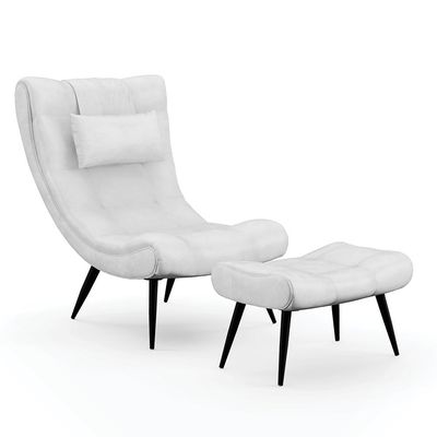 Conjunto Poltrona e Puff Decorativo Sala de Estar Pés Palito Letty PU Branco G19 - Gran Belo