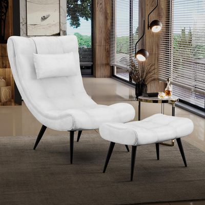 Conjunto Poltrona e Puff Decorativo Sala de Estar Pés Palito Letty PU Branco G19 - Gran Belo