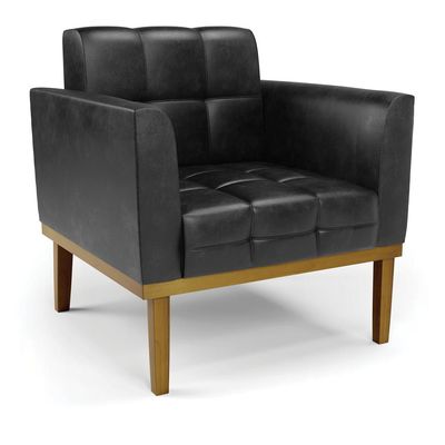 Conjunto 2 Poltronas e 1 Namoradeira Decorativa Karen Pés Fixo em Madeira Castanho PU Preto Brilho G19 - Gran Belo