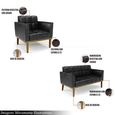 Conjunto 2 Poltronas e 1 Namoradeira Decorativa Karen Pés Fixo em Madeira Castanho PU Preto Brilho G19 - Gran Belo