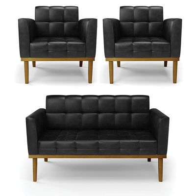 Conjunto 2 Poltronas e 1 Namoradeira Decorativa Karen Pés Fixo em Madeira Castanho PU Preto Brilho G19 - Gran Belo