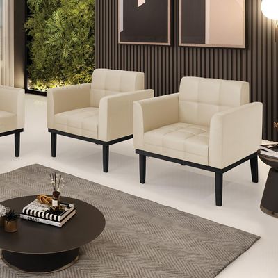 Kit 2 Poltronas Decorativas Karen Pés Fixo em Madeira Preto PU Bege G19 - Gran Belo