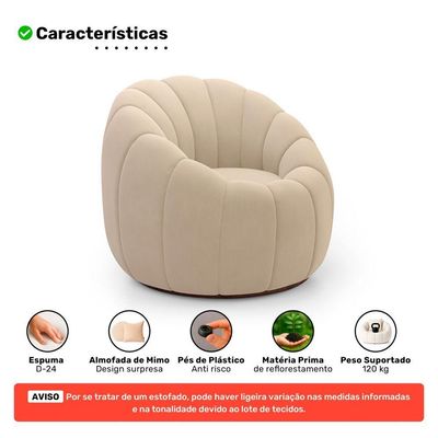 Poltrona Decorativa Estilo Concha Abóbora Shell Fixa Veludo Bege - Desk Design