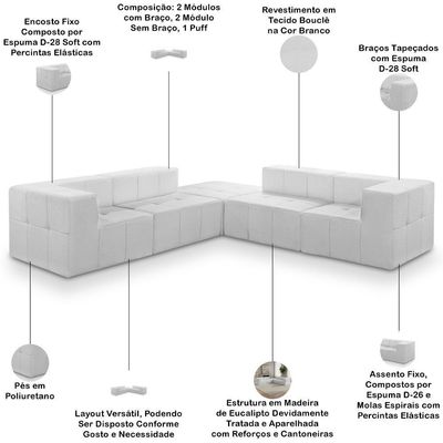 Sofá 5 Lugares Canto Para Sala Living Modular Com Puff Lancaster F04 Bouclê Branco - Lyam Decor