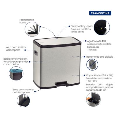 LIXEIRA TRAMONTINA OCTO AÇO INOX COM 2 BALDES REMOVÍVEIS E PEDAL 15L + 15L 94544/430