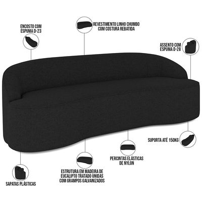 Sofá 3 Lugares Curvo Sala de Estar Living Lótus D02 Linho Chumbo 180 cm D-465 - Lyam Decor