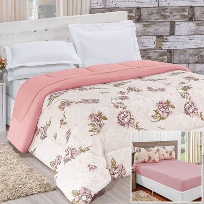 Edredom 2,40 x 2,20m + Jogo de Cama Malha Quality Queen 04 Peças 100% Algodão - Rosê