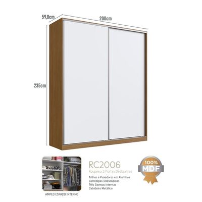 Guarda Roupa 2 Portas de Correr 2006 Emovell Freijó Natura Branco 200x59,8x235cm