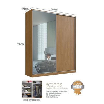 Guarda Roupa Solteiro Freijó Natural 2 Portas de Correr Espelho RC2006 Emovell 200x59,8x235cm