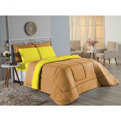 Kit Edredom Dupla Face + Jogo De Lençol Casal Nobre 6 Peças Malha 100% Algodão - Cobre / Amarelo