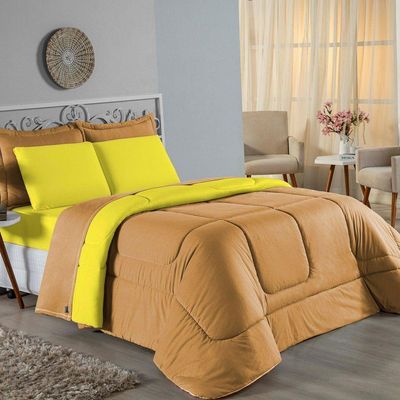 Kit Edredom Dupla Face + Jogo De Lençol Casal Nobre 6 Peças Malha 100% Algodão - Cobre / Amarelo