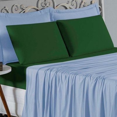 Jogo De Cama King Nobre 4 Peças Lençol Com Elástico De 30cm De Altura Malha 100% Algodão - Azul-bebê / Verde-bandeira