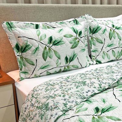 Kit Cobre Leito Colcha Lislie King 3 Peças Percal 300 Fios Dupla Face Estampado - Floral Verde - 100% Poliéster