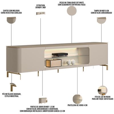 Rack Para Sala LED Com Painel Para TV 70 Pol Elysia L05 Off White Fosco - Lyam Decor