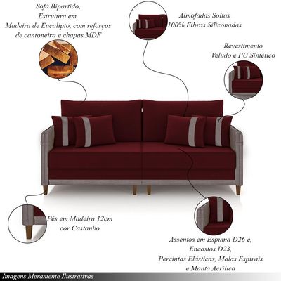 Sofá Living Montecarlo 2 Lugares Bipartido 192cm Pés em Madeira Veludo/PU Bordô/Cinza G33 - Gran Be