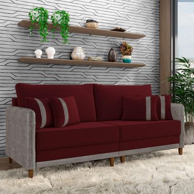 Sofá Living Montecarlo 2 Lugares Bipartido 192cm Pés em Madeira Veludo/PU Bordô/Cinza G33 - Gran Be