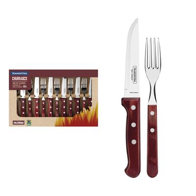 Jogo de Talheres Jumbo Tramontina Churrasco com Laminas em Aço Inox e Cabos de Madeira Polywood Vermelho 12 Peças