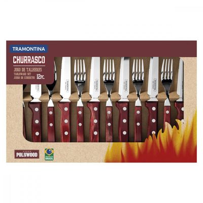 Jogo de Talheres Jumbo Tramontina Churrasco com Laminas em Aço Inox e Cabos de Madeira Polywood Vermelho 12 Peças
