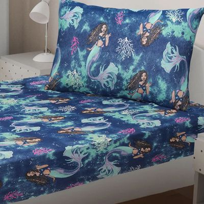 Jogo de Cama Portallar Solteiro Malha Mista Estampado Disney Ariel Mermaid 2 Pçs Azul