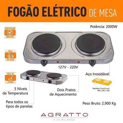 Fogão Cooktop Elétrica Agratto 2000w Fm02 220v Aço Inoxidável