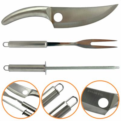 Kit Churrasco 3 Peças Faca Garfo Chaira Aço Inox Presente
