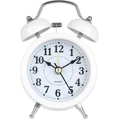 Relógio Despertador Retrô Branco em Metal com Alarme Mecânico Sino Duplo e Luz LED a Pilha AA