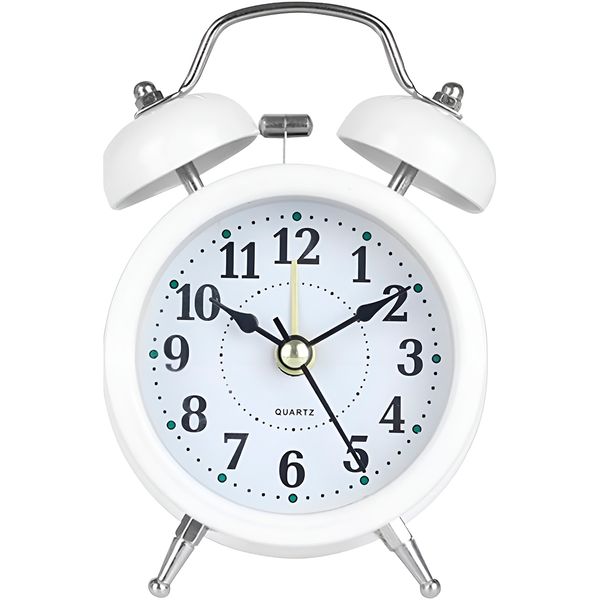 Relógio Despertador Retrô Branco em Metal com Alarme Mecânico Sino Duplo e Luz LED a Pilha AA