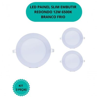 Plafon Led Slim 12w Redondo Embutir 6500k Branco Frio Bivolt - Kit Com 3 Un.