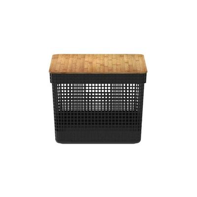 Cesto Organizador Grid Preto 20 L Com Tampa De Bambu 39 X 29 X 22,6 Cm