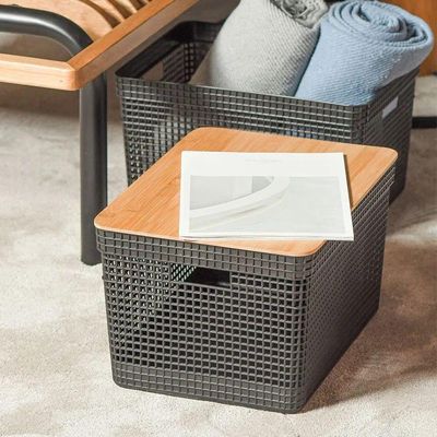 Cesto Organizador Grid Preto 20 L Com Tampa De Bambu 39 X 29 X 22,6 Cm
