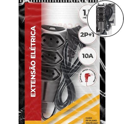 Extensão P- Plugues 2p T Pp Plano 90º 3x0,75 1,5m Preta