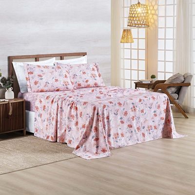 Jogo Cama Lençol Belle Queen 400 Fios Estampado 4 Peças Floral Rosê