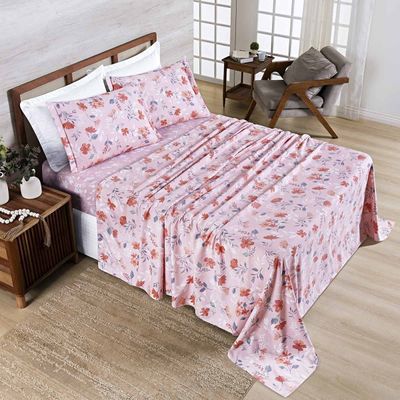 Jogo Cama Lençol Belle Queen 400 Fios Estampado 4 Peças Floral Rosê