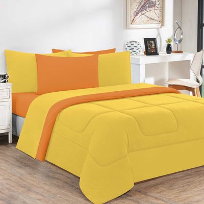 Kit Edredom + Jogo De Lençol Malha 100% Algodão Gran Moratta 5 Peças Solteiro - Amarelo/Laranja
